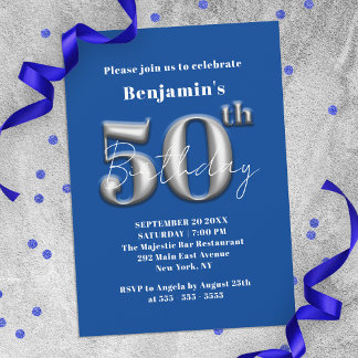 Einfache Moderne Blau und Silber 50. Geburtstag Einladung