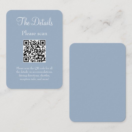 Einfache moderne, blaue Hochzeitdetails QR-Code Begleitkarte (Vorne/Hinten)
