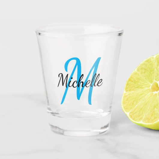 Einfache moderne Blaue Mit Monogramm Bezeichnung + Schnapsglas (Vorderseite)