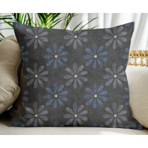 Einfache, moderne, blaugraue Blume Schwarz Kissen