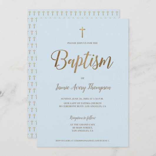 Einfache moderne Blue-Gold-Cross-Taufe Einladung (Vorne/Hinten)