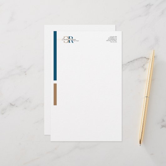 Einfache moderne Blue Gold Monogram Briefpapier (Vorderseite/Rückseite Beispiel)