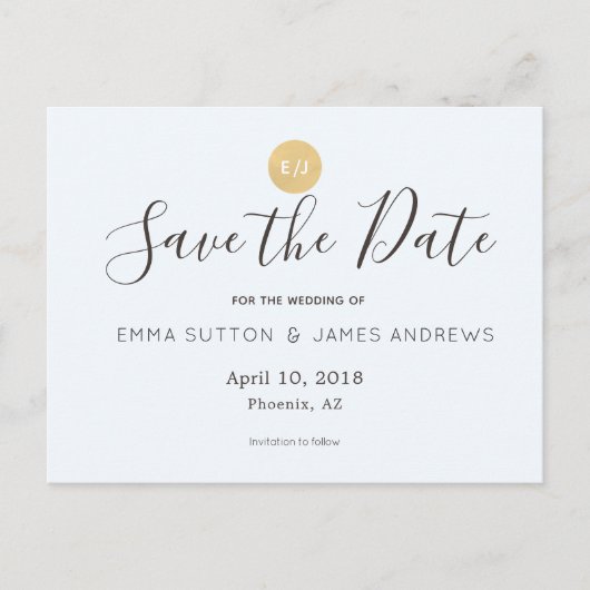 Einfache moderne Blue Gold Save the Date Postkarte (Vorderseite)