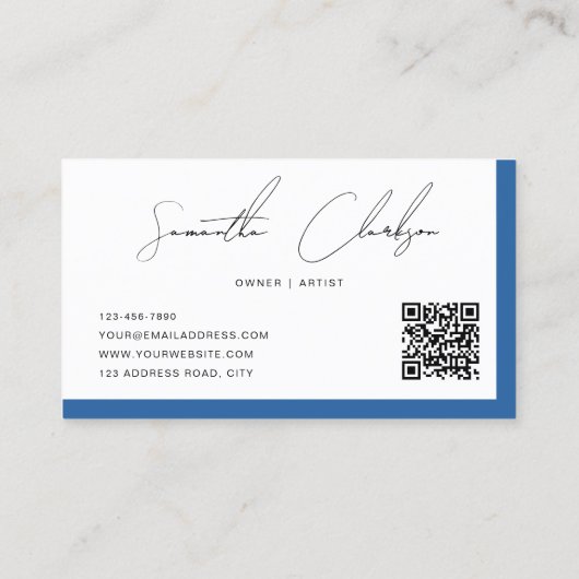 Einfache moderne Blue Handschriftlich-QR-Code Visitenkarte (Rückseite)