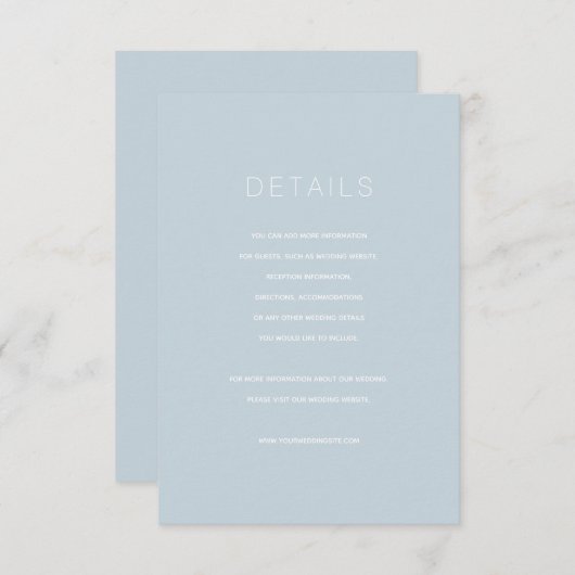 Einfache, moderne Blue Wedding Details Card Begleitkarte (Vorne/Hinten)