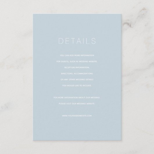 Einfache, moderne Blue Wedding Details Card Begleitkarte (Vorderseite)