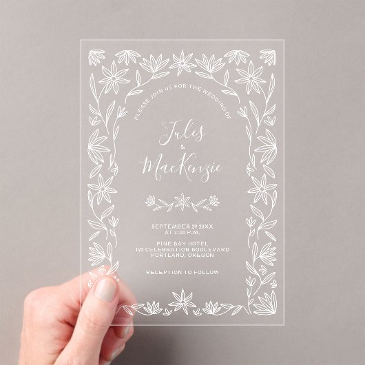 Einfache, moderne Blumenstrasse Weiße Hochzeit Acryleinladungen (Insitu (Handheld))