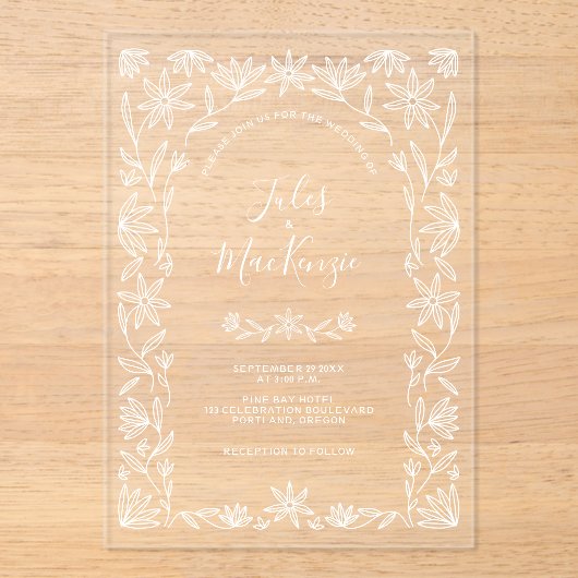 Einfache, moderne Blumenstrasse Weiße Hochzeit Acryleinladungen (Vorderseite)