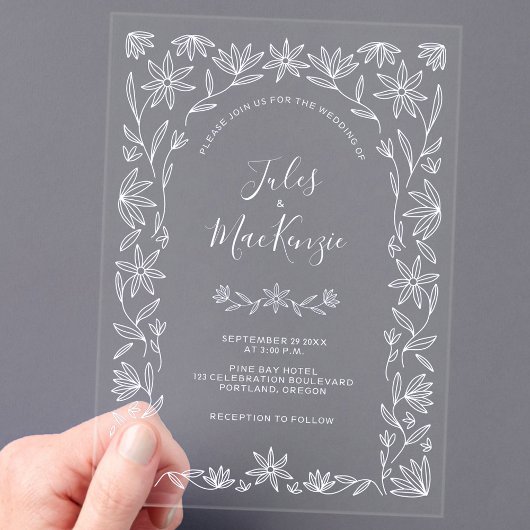 Einfache, moderne Blumenstrasse Weiße Hochzeit Acryleinladungen