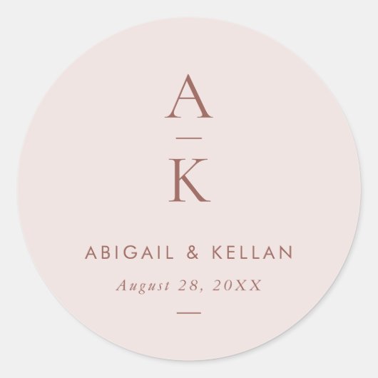 Einfache moderne Blush Brown Monogram Wedding Runder Aufkleber (Vorderseite)
