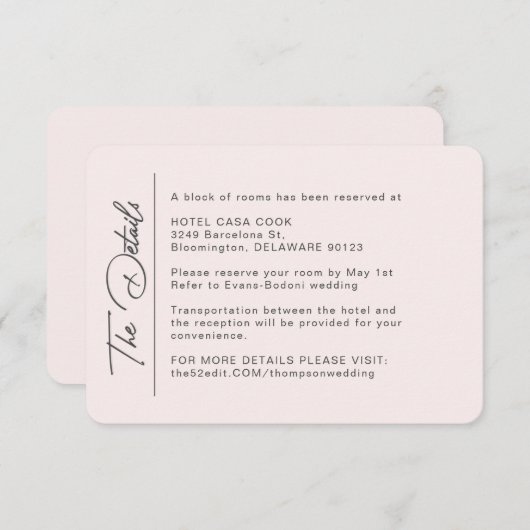 Einfache, moderne Blush-Hochzeitsdetails Begleitkarte (Vorne/Hinten)