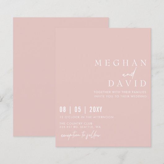 Einfache, moderne Blush Hochzeitseinladung (Vorne/Hinten)