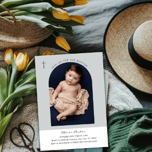 Einfache moderne Boho Arch Cross Baby Foto Taufe Einladung