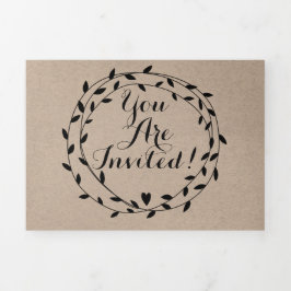 Einfache moderne Boho Black Leaf Wreath Wedding Dreifach Gefaltete Einladung