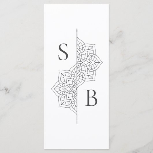 Einfache moderne Boho Monogram Mandala Wedding Menükarte (Rückseite)