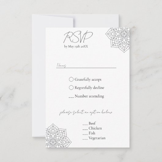 Einfache moderne Boho Monogram Mandala Wedding RSVP Karte (Vorderseite)