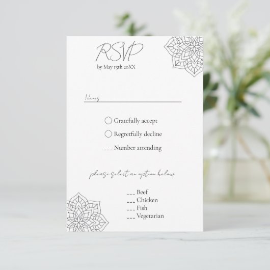 Einfache moderne Boho Monogram Mandala Wedding RSVP Karte (Stehend Vorderseite)