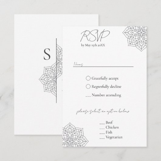 Einfache moderne Boho Monogram Mandala Wedding RSVP Karte (Vorne/Hinten)