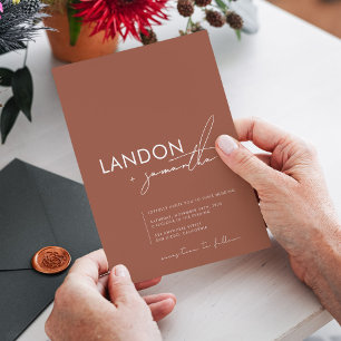 Einfache moderne Boho Terracotta Burnt Orange Wedd Einladung