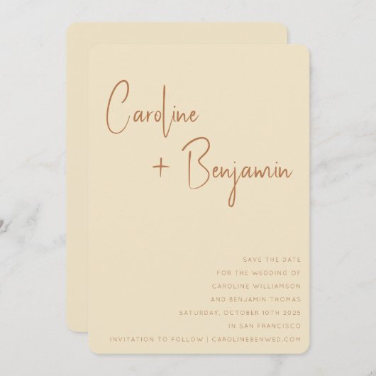 Einfache moderne Boho Terracotta Creme Script Wedd Save The Date (Vorne/Hinten)