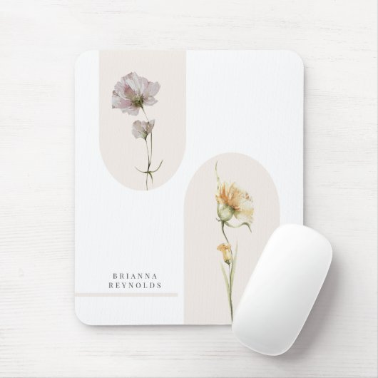 Einfache moderne Boho-Wildblumen auf Weiß Mousepad (Mit Mouse)
