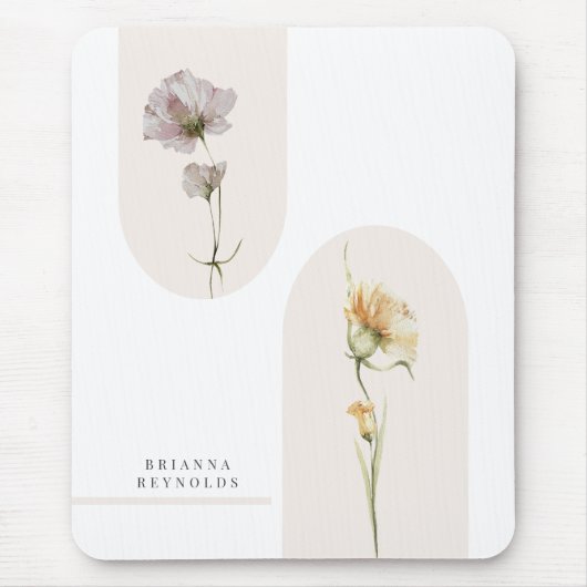Einfache moderne Boho-Wildblumen auf Weiß Mousepad (Vorne)