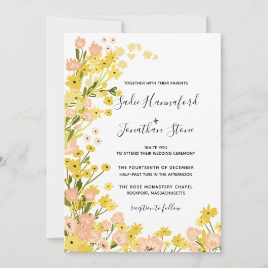 Einfache moderne Boho Yellow Pink Floral Wedding Einladung (Vorderseite)