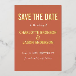 Einfache moderne Burnt Orange Save the Date Gold Folieneinladung