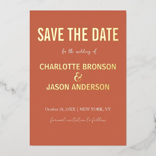 Einfache moderne Burnt Orange Save the Date Gold Folieneinladung (Vorderseite)