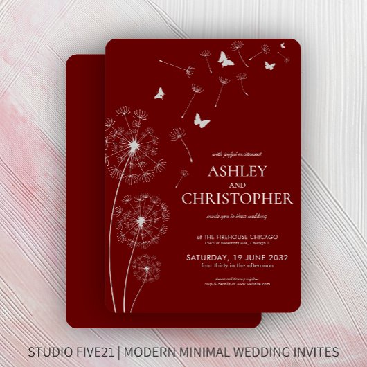 Einfache moderne Crimson Red Dandelion Wedding Einladung