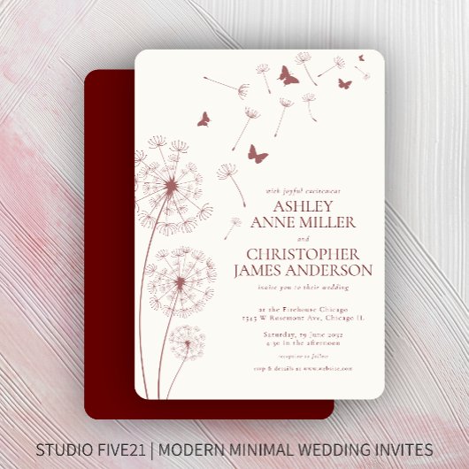Einfache moderne Crimson Red Dandelion Wedding Einladung