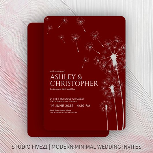 Einfache moderne Crimson Red Dandelion Wedding Einladung