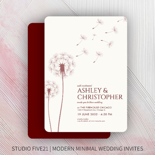 Einfache moderne Crimson Red Dandelion Wedding Einladung
