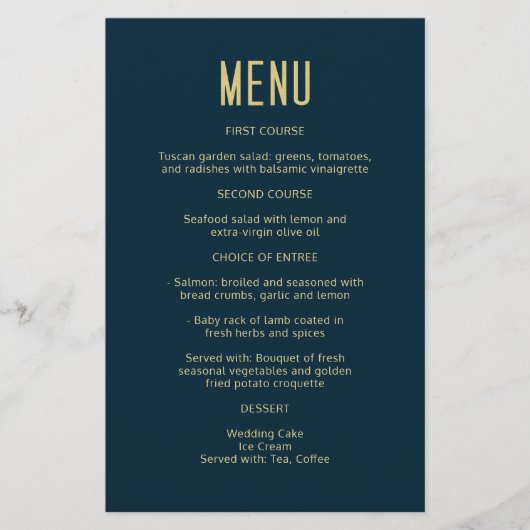 Einfache moderne Deep Blue Gold Hochzeitsmenü (Vorderseite)