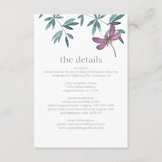 Einfache moderne Drachenfliegengrüne Hochzeitsdeta Begleitkarte (Vorderseite)