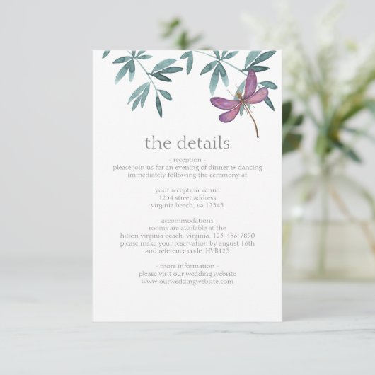 Einfache moderne Drachenfliegengrüne Hochzeitsdeta Begleitkarte (Stehend Vorderseite)