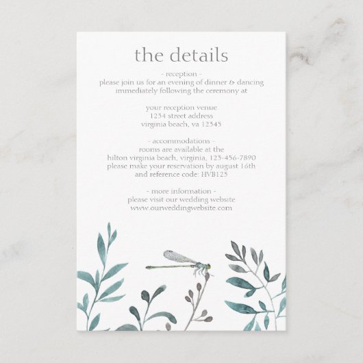 Einfache moderne Drachenfliegengrüne Hochzeitsdeta Begleitkarte (Vorderseite)