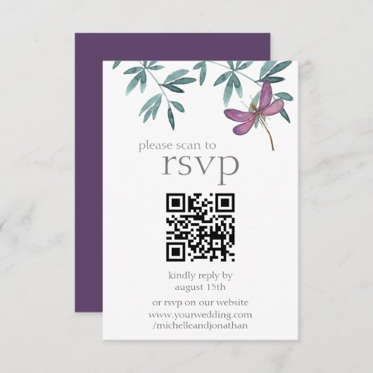 Einfache moderne Dragonfly-Grüne Hochzeit QR-Code RSVP Karte (Vorne/Hinten)