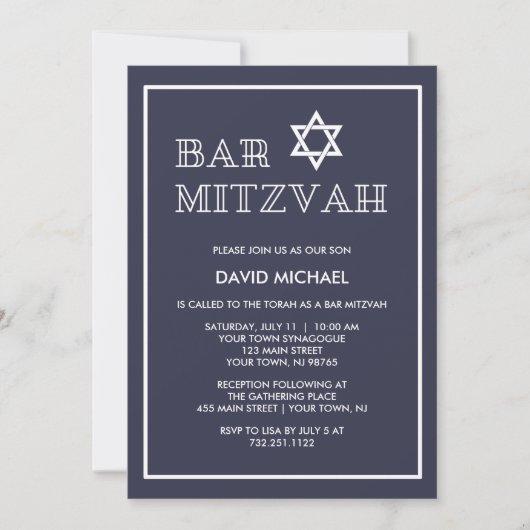Einfache moderne dunkelblaue und weiße Bar Mitzvah Einladung (Vorderseite)