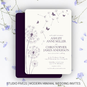 Einfache moderne dunkle Lila Löwenzahn-Hochzeit Einladung