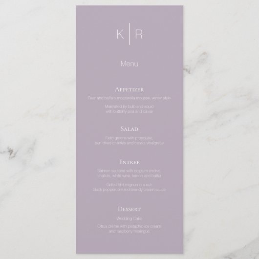 Einfache moderne Dusty Lilac Wedding Menu Card Menükarte (Vorderseite)