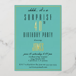 Einfache moderne Elegant Aquamarin Black 40. Gebur Folieneinladung