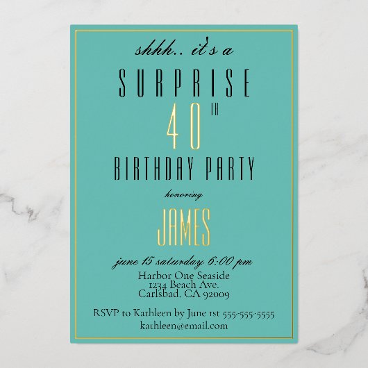 Einfache moderne Elegant Aquamarin Black 40. Gebur Folieneinladung (Vorderseite)