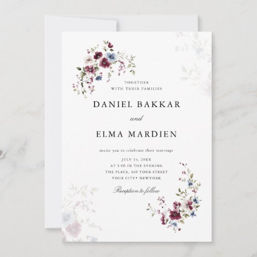 Einfache moderne Elegante Burgundy Boho Blumenhoch Einladung (Vorderseite)