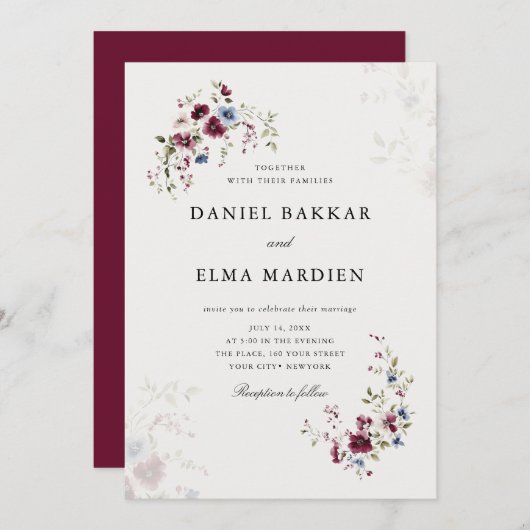 Einfache moderne Elegante Burgundy Boho Blumenhoch Einladung (Vorne/Hinten)