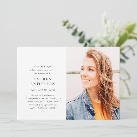 Einfache moderne Elegante Foto Babydusche Einladung (Stehend Vorderseite)