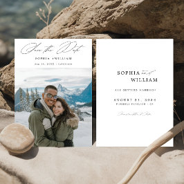 Einfache moderne, elegante Script Winter Foto Hoch Save The Date