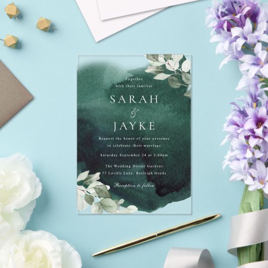 Einfache moderne Emerald Green Leaf Hochzeit Acryleinladungen (In Situ (Hochzeit))