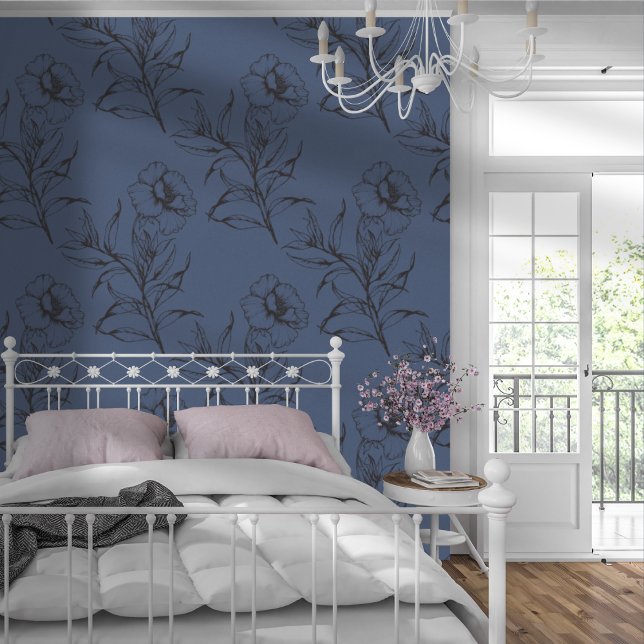 Einfache moderne florale Boho Muster Dunkelblau Tapete (Von Creator hochgeladen)