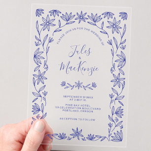 Einfache moderne Florallinienkunst Blaue Hochzeit Acryleinladungen